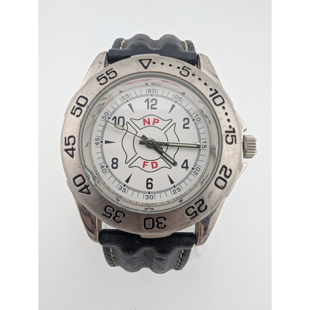 NP Fire Department Men's Watch 40mm Silver Case Black Leather Band- New Battery